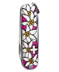 A pocketknife never looked better. The sterling silver & pink acrylic Swiss Army classic Edelweiss pocket knife features a blade, nail file with nail cleaner, scissors, key ring, tweezers and toothpick. Lifetime guarantee against any defects in material and workmanship. Approximate length: 2-1/4 inches.