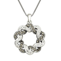 Sterling Silver Marcasite with Clear Crystal Wreath Pendant Necklace, 18