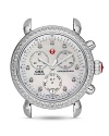 A diamond-encrusted bezel encircles a mother of pearl dial with three-eye design in this luxe watch head from Michele.