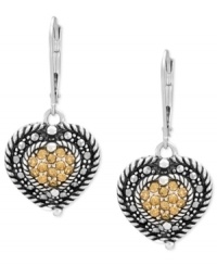 The look of love. Genevieve & Grace's heart-shaped leverback earrings are crafted from sterling silver with marcasite and round-cut champagne crystals (1 mm) providing a stylish touch. Approximate drop: 1-1/4 inches. Approximate width: 1/2 inch.