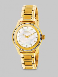 From the Orchestra Collection. Add a little sparkle with this Swarovski crystal accented timepiece. Quartz movementWater resistant to 10 ATMRound goldtone ion-plated stainless steel case, 40.5mm (1.6) Smooth bezelMother-of-pearl dialSwarovski crystal hour markersGoldtone ion-plated stainless stee link braceletImported