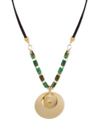 Blended beauty. Robert Lee Morris brings together a double-hammered pendant and accents crafted from gold-tone mixed metal, resin beads and leather to a fashionable effect. Approximate length: 17 inches + 3-inch extender.