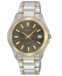 Striking design and meticulous performance by Citizen. Watch crafted of two-tone stainless steel bracelet and round case. Gray dial features applied gold tone stick indices, minute track, date window at three o'clock, three hands and logo. Quartz movement. Water resistant to 50 meters. Three-year limited warranty.