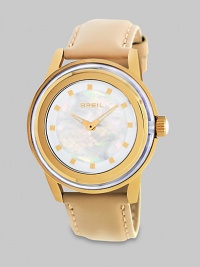 From the Orchestra Collection. Supple leather adds interest to this classic timepiece. Quartz movementWater resistant to 10 ATMRound goldtone ion-plated stainless steel case, 40.5mm (1.6) Smooth bezelMother-of-pearl dialDot hour markersTan leather strapImported