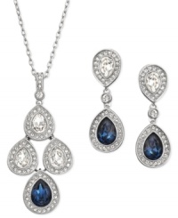 Swarovski's enchanting set includes a pendant and pair of pierced earrings in rhodium plating. It features pear-shaped Montana and clear crystals which can move freely, much like a chandelier. A touch of clear crystal pavé adds extra sparkle. Approximate length: 15-7/10 inches + 1-1/5 inch-extender. Approximate pendant drop: 1-3/4 inches. Approximate earring drop: 1-1/4 inches.