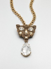 Sparkling Swarovski crystals and rhinestones accent this exotic panther head pendant on a doublt link chain that converts to an elegant brooch. Swarovski crystalsGlass stonesPewter and brassLength, about 31-35 adjustablePendant size, about 3.75Lobster clasp closure on necklacePin backMade in USA