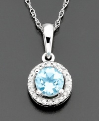 Accessorize your neckline with a light and bright pendant featuring round-cut aquamarine (3/8 ct. t.w.) surrounded by sparkling diamond accents. Set in 14k white gold. Chain measures 18 inches; drop measures 1/2 inch.