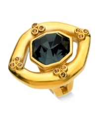 T Tahari rings in the new with this 14k gold-plated mixed metal stretch ring. A faceted black glass stone sits in the center, surrounded by accents in each corner. Nickel-free for sensitive skin. Ring stretches to fit finger.