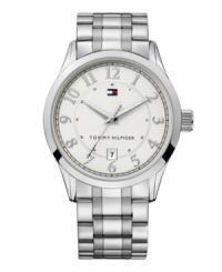 The name says it all: Essential, by Tommy Hilfiger. Silvertone mixed metal bracelet and round case. Textured silver dial features silvertone numerals and hands, flag logo and date window at six o'clock. Quartz movement. Water resistant to 30 meters. Ten-year limited warranty.