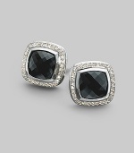 From the Albion Collection. A dramatic center of faceted black onyx, surrounded by pavé diamonds set in sterling silver. Diamonds, 0.49 tcw Black onyx Sterling silver About ½ square Post back Imported