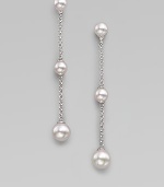 Graceful chains of sterling silver have round white pearls at the top, the bottom and in the middle as they dangle delicately. 6mm and 8mm white round organic man-made pearls Sterling silver Drop, about 2¾ Post back Made in Spain