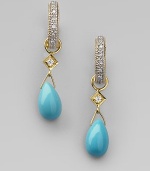 Smooth teardrops of richly hued turquoise with diamond accents are ready to hang from your favorite hoops. Diamonds, 0.03 tcw Turquoise 18k yellow gold Drop, about ¾ Spring ring clasp Imported Please note: Earrings sold separately.