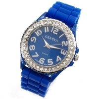 Royal Blue Geneva Silicone Ceramic Style Wrist Watch Surrounded with Silver Trim and Sparkly Rhinestones