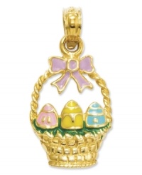 What better gift to add to an Easter basket, but a petite Easter basket charm! Crafted in 14k gold, this intricate design features a pastel enamel decor and three vibrant Easter eggs. Approximate length: 4/5 inch. Approximate width: 2/5 inch.