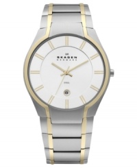 A functional timepiece from Skagen Denmark made stylish with golden accents.