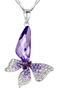 ARCO IRIS Stylized Butterfly Wing Drop Swarovski Elements Crystal Pendant Necklace W 18k White Gold Plated Chain (Purple)