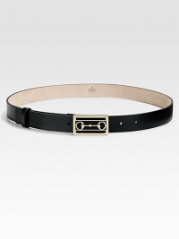 A smooth leather belt with horsebit-accented buckle in light gold hardware.About 1 wideMade in Italy 