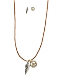 Give this peace sign and feather a chance. This set from RACHEL Rachel Roy is crafted from gold-tone and silver-tone mixed metal with glass stones adding luster. Approximate length, necklace: 15 inches. Approximate drop: 1/4 inch. Approximate diameter: 1/4 inch.