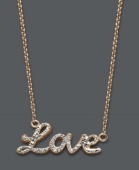 Say it if you mean it. Studio Silver's romantic Love necklace features a cursive design with a unique diamond-cut surface. Set in 18k rose gold over sterling silver. Approximate length: 16 inches + 2-inch extender. Approximate drop length: 1 inch. Approximate drop width: 1/2 inch.