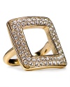 Trina Turk's windowpane ring is a romantic look in gold with cut-away center and pave stone accents.