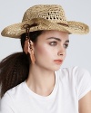 Channel your inner cowgirl in this open weave crochet hat with wood beads and feather accent.