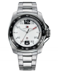 The details make the man. This Tommy Hilfiger sport watch boasts a classic steel design with red and white accents at the dial.