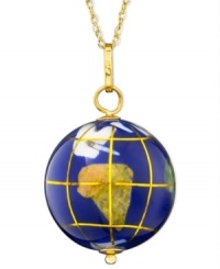 Give her the world! This handcrafted enameled globe pendant is inlaid with lapis, jade, jasper and a host of other semi-precious stones from around the world. Accented in gleaming 14k yellow gold, 15mm globe hangs from a matching 18 gold chain with spring-ring clasp. The perfect gift for the avid traveler!