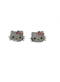 Sanrio Sterling Silver Hello Kitty Head Stud Earrings W/Pink Enamel Bow