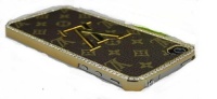 Designer Iphone 5 Brown Monogram Bling Hard Leather Back Case With Gold Logo