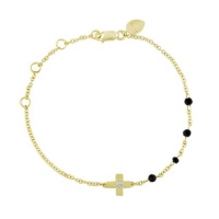 Meira T Solid 14K Yellow Gold Cross Accented with Diamonds and Black Spinellle Beads Chain Bracelet