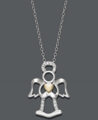 Everyone needs a guardian angel. This pretty pendant with its cut-out angel design is highlighted by round-cut diamonds (1/10 ct. t.w.) and a chic sterling silver setting with an 18k gold over sterling silver heart accent. Approximate length: 18 inches. Approximate drop: 1 inch.