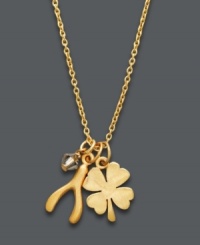 Bring a little luck your way. Studio Silver's charming pendant includes a wishbone charm, a four-leaf clover and a sparkling crystal accent. Set in 18k gold over sterling silver. Approximate length: 16 inches + 2-inch extedner. Approximate drop: 1/2 inch.