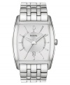 Accent your wrist with the finest. This modern watch from Bulova features silvertone stainless steel in a thick, durable bracelet. Rectangular stainless steel case and dial with logo, date window and stick indices. Quartz movement. Water resistant to 30 meters. Three-year limited warranty.