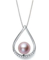 Pink perfection. Smooth sterling silver cradles a pink cultured freshwater pearl (8 mm) and sparkling diamond accents on this pretty teardrop pendant. Approximate length: 18 inches. Approximate drop: 7/8 inch.