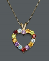 Boldly show your love. This multicolor open-heart pendant by Victoria Townsend features vivid round-cut gemstones in amethyst (3/4 ct. t.w.), blue topaz (7/8 ct. t.w.), citrine (3/4 ct. t.w.), garnet (7/8 ct. t.w.), and peridot (3/8 ct. t.w.). Necklace crafted in 18k gold over sterling silver. Approximate length: 18 inches. Approximate drop: 1-1/8 inches.