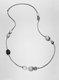 From the Carved Cable Collection. An elegant blend of grey chalcedony, black onyx, howlite, moon quartz, hematite and sterling silver bead stations on a box link chain. Grey chalcedony, black onyx, howlite, moon quartz and hematiteSterling silverLength, about 40Lobster clasp closureImported 