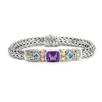 925 Silver, Amethyst & Blue Topaz Bracelet with 18k Gold Accents- 7.5 IN