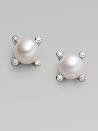 From the Cable Pearl Wrap Collection. Four sparkling diamonds emerge from a cabled setting of sterling silver, surrounding a lustrous pearl. 6mm white cultured freshwater pearl Diamonds, 0.04 tcw Sterling silver Diamter, about ¼ Post back Imported