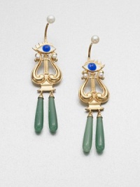 From the Metalphysic Collection. Delightful drops start with gazing eyes atop graceful harp-shaped golden curves holding elongated teardrops of green aventurine.Green aventurine, white agate and black onyxEnamelFreshwater pearls18k goldplated sterling silverDrop, about 3¼Reverse post backMade in Italy