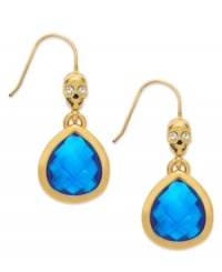 Bone up on fierce fashion with these teardrop earrings from Juicy Couture. A clear glass-accented skull tops a faceted blue glass teardrop. Crafted in 14k gold-plated mixed metal. Approximate drop: 1-1/4 inches.