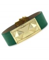 A green leather bracelet gets even bolder. This magnetic closure bracelet from Vince Camuto features an ID plate and pyramid studs crafted from gold-tone mixed metal to really make a name for itself. Approximate length: 8 inches.