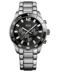 The structured look of stainless steel lends a look of luxury to this chronograph watch, by Hugo Boss.