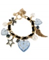 Ready to fall in love? This toggle bracelet from Betsey Johnson is there for you. It's crafted from gold-tone mixed metal with a black grosgrain ribbon, and features charms ranging from wings to glass pearls and lucite hearts with glittery accents. Approximate length: 7-1/2 inches.