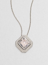 A distinctively faceted square of cubic zirconia is framed by shimmering pavé crystals in this lovely design on a silvery chain.Crystal and cubic zirconiaRhodium platingChain length, about 16Pendant, about ½ squareLobster claspImported