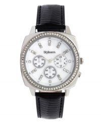 Embrace elegance with this sparkling watch by Style&co. Black leather strap and round silver tone mixed metal case. Bezel embellished with crystal accents. White mother-of-pearl dial features crystal accent markers, three multifunctional subdials, three silver tone hands and logo. Quartz movement. Splash resistant. Two-year limited warranty.