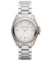 Elegant Swarovski elements grace the corners of this classically structured timepiece from Michael Kors.