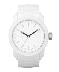 Bleached out and bold. Highlight your style with this watch by Diesel crafted of white faux-link textured silicone bracelet and round plastic case, 44mm. White dial features applied stick indices, numerals at two, three and four o'clock, minute track, three hands and logo at nine o'clock. Quartz movement. Water resistant to 30 meters. Two-year limited warranty.