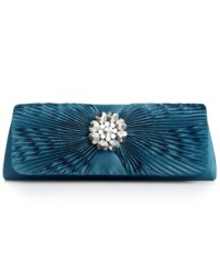 Bejeweled, bedazzled and sized right for night, this Sasha clutch is exquisitely embellished with a sparkling rhinestone broach. Satin wrapped and perfectly pleated, it flaunts a slender shape that easily accommodates your evening essentials.