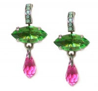 Israeli Designer Mariana Antique Silver Plated East/West Marquise Dangle Earrings in Green, Pink and Pacific Opal Swarovski Crystals