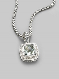 From the Petite Albion Cushion Collection. A softly hued, richly faceted prasiolite, surrounded by pavé diamonds on a chain of sterling silver. Diamonds, 0.20 tcw Prasiolite Sterling silver Chain length, about 17 Pendant width, about ¼ Lobster clasp Imported